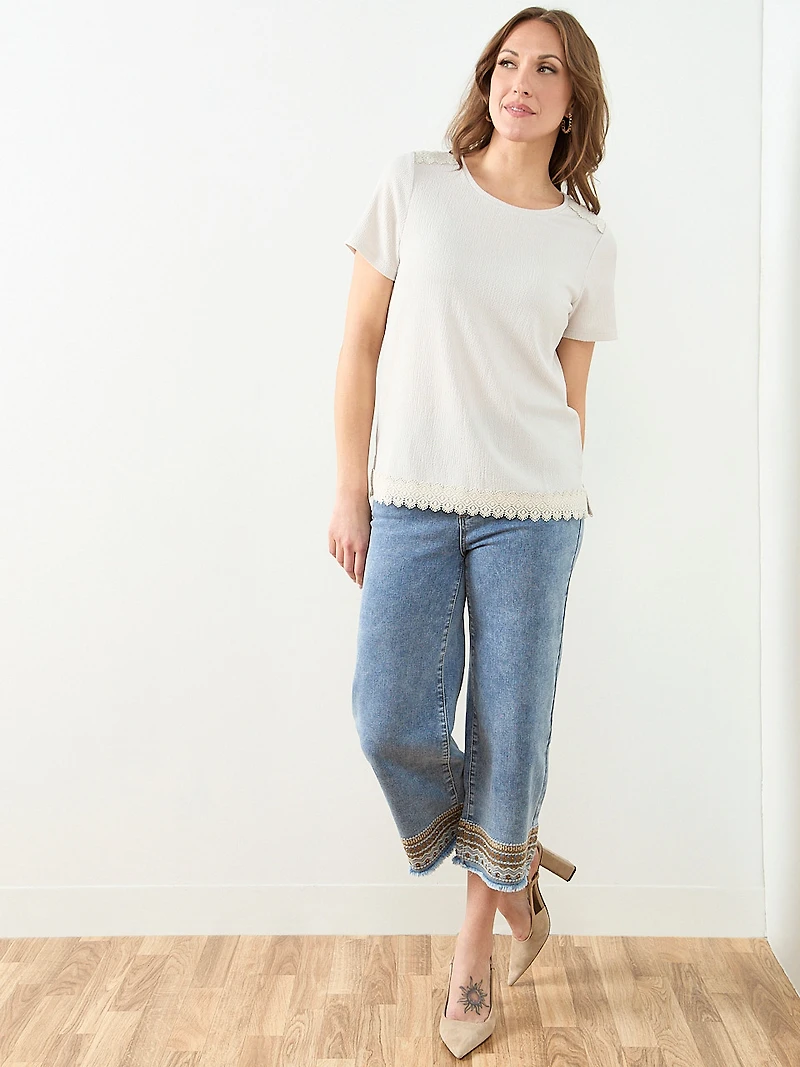 Short Sleeve Crochet Trim Top in Stone