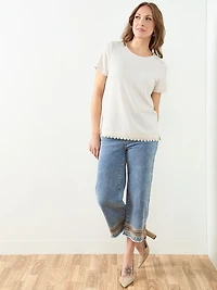 Short Sleeve Crochet Trim Top in Stone