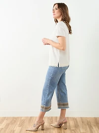 Short Sleeve Crochet Trim Top in Stone
