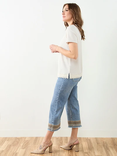 Short Sleeve Crochet Trim Top in Stone