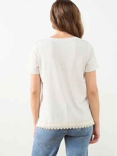 Short Sleeve Crochet Trim Top in Stone