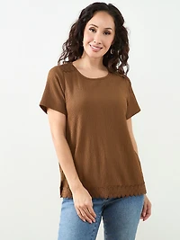 Petite Short Sleeve Crochet Trim Top in Tobacco
