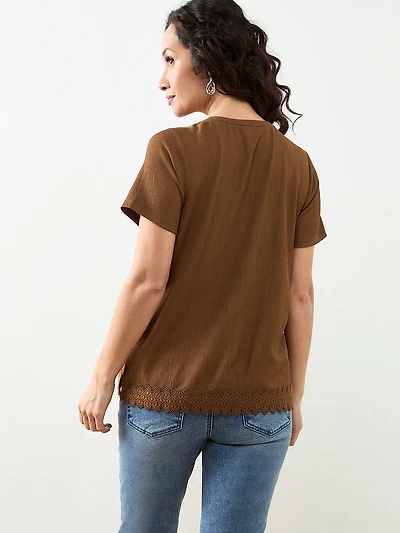 Petite Short Sleeve Crochet Trim Top in Tobacco