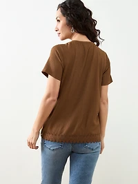 Petite Short Sleeve Crochet Trim Top in Tobacco