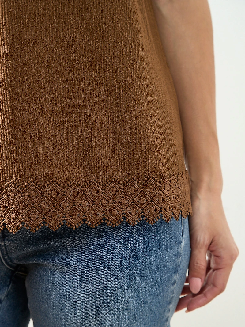 Petite Short Sleeve Crochet Trim Top in Tobacco