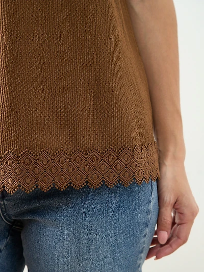 Petite Short Sleeve Crochet Trim Top in Tobacco