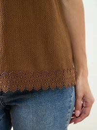 Petite Short Sleeve Crochet Trim Top in Tobacco