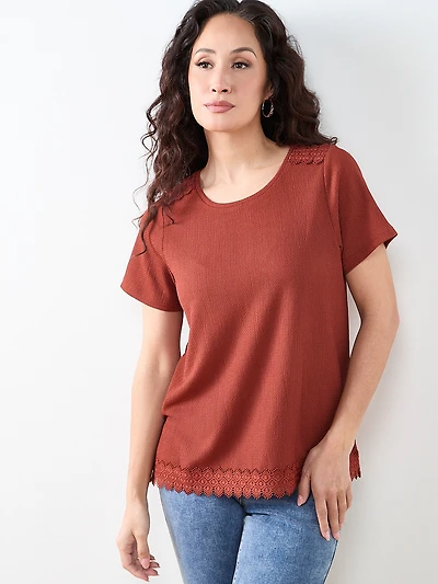 Petite Short Sleeve Crochet Trim Top in Terracotta