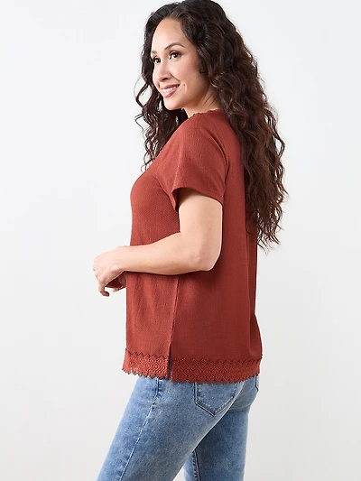 Petite Short Sleeve Crochet Trim Top in Terracotta