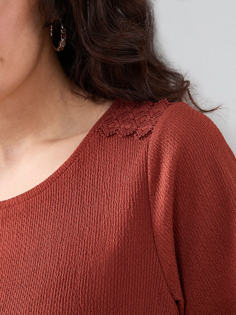 Petite Short Sleeve Crochet Trim Top in Terracotta