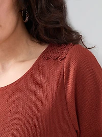 Petite Short Sleeve Crochet Trim Top in Terracotta