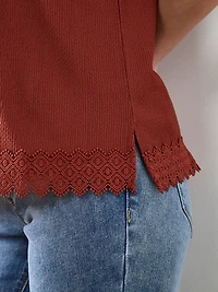 Petite Short Sleeve Crochet Trim Top in Terracotta