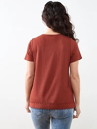 Petite Short Sleeve Crochet Trim Top in Terracotta