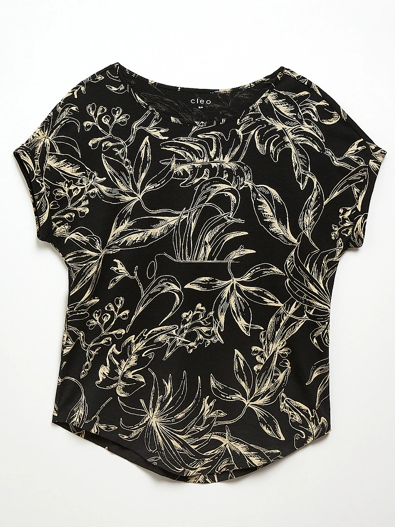 Short Cuffed Sleeve Slub Boat Neck Tee in Black Sketch