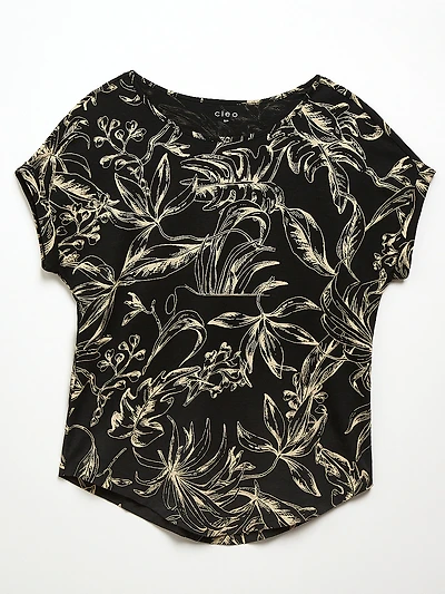 Short Cuffed Sleeve Slub Boat Neck Tee in Black Sketch