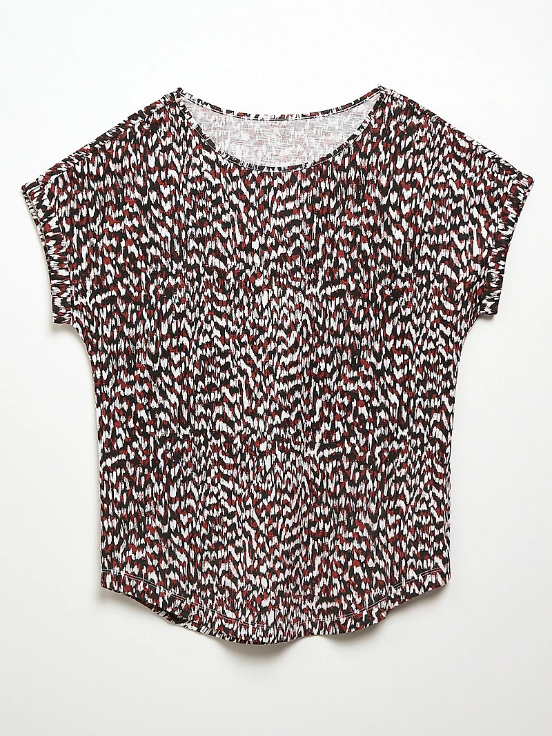 Short Cuffed Sleeve Slub Boat Neck Tee in Terracotta Abstract