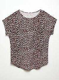 Short Cuffed Sleeve Slub Boat Neck Tee in Terracotta Abstract