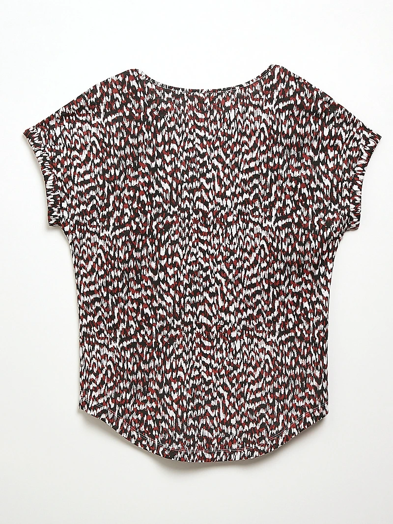 Short Cuffed Sleeve Slub Boat Neck Tee in Terracotta Abstract
