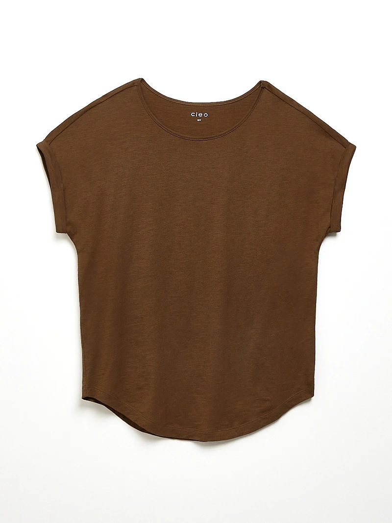 Short Cuffed Sleeve Slub Boat Neck Tee in Tobacco