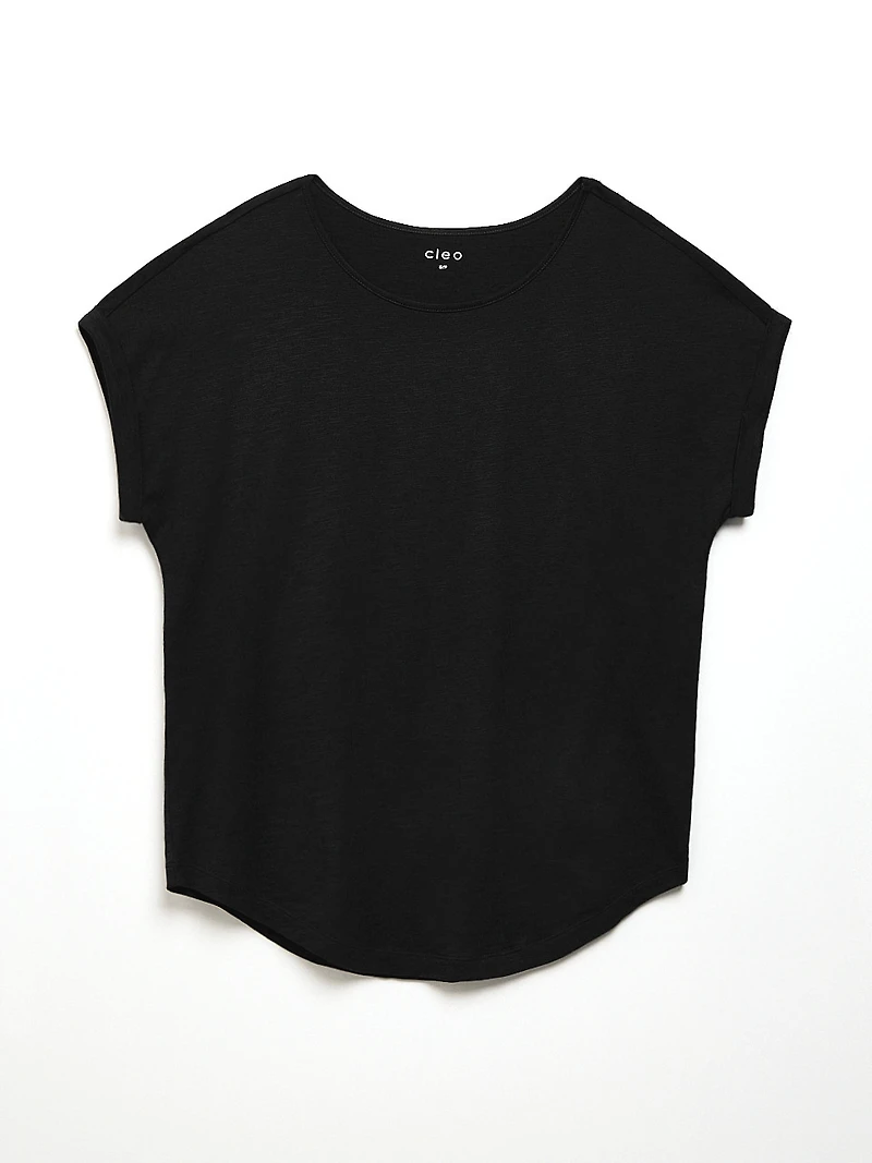 Petite Short Cuffed Sleeve Slub Boat Neck Tee in Black