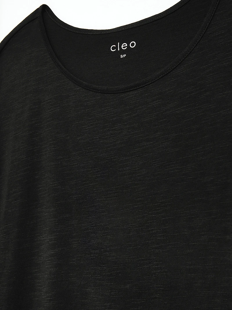 Petite Short Cuffed Sleeve Slub Boat Neck Tee in Black