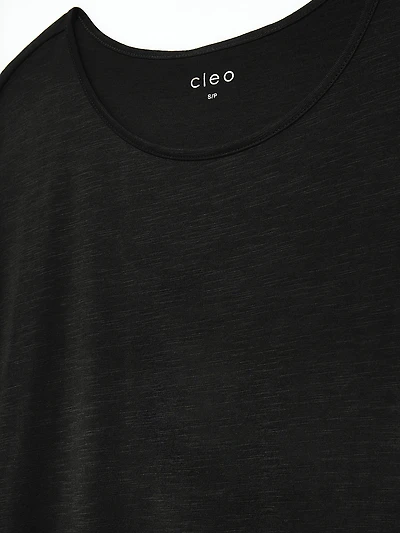 Petite Short Cuffed Sleeve Slub Boat Neck Tee in Black