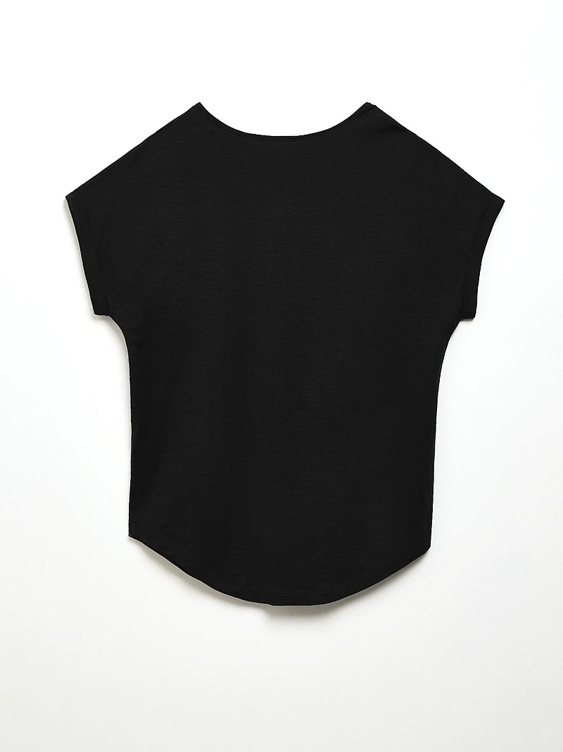 Petite Short Cuffed Sleeve Slub Boat Neck Tee in Black
