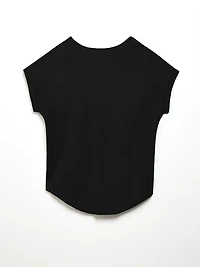 Petite Short Cuffed Sleeve Slub Boat Neck Tee in Black