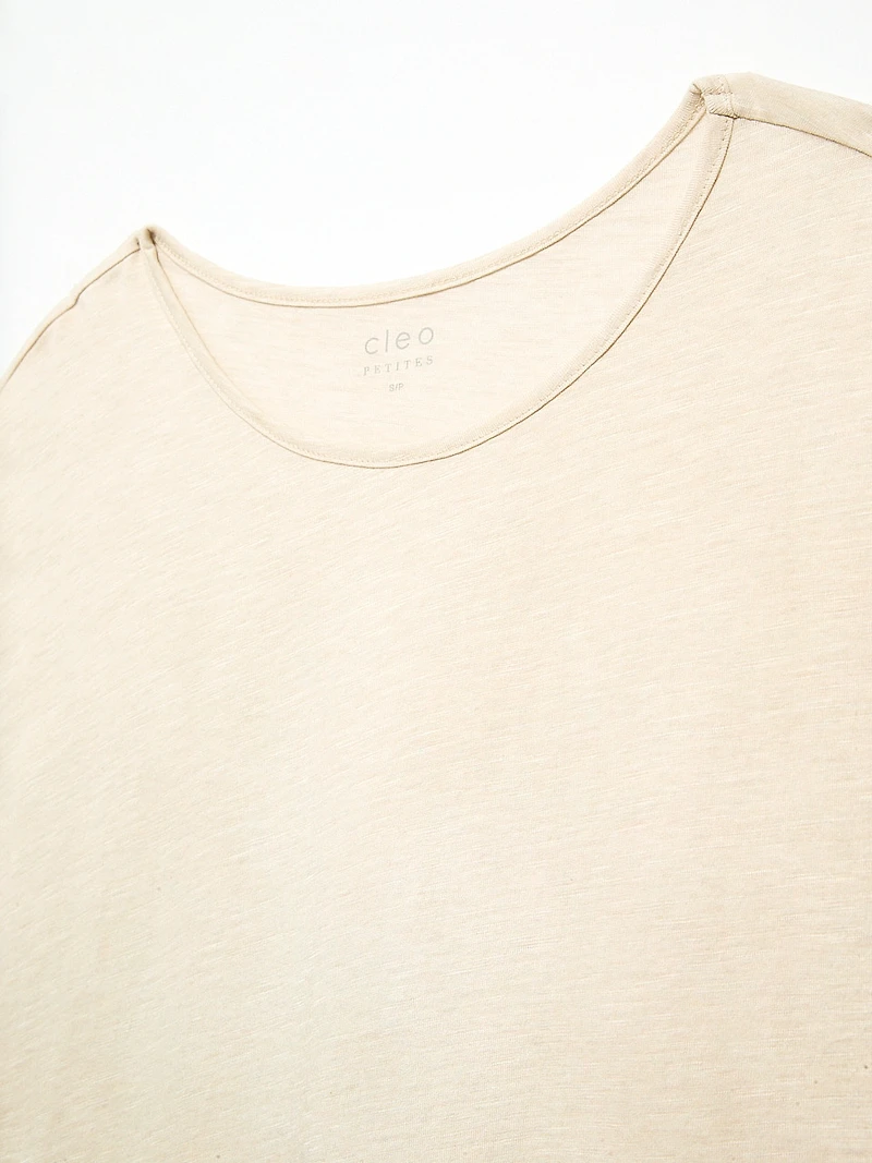 Petite Short Cuffed Sleeve Slub Boat Neck Tee in Stone Mix