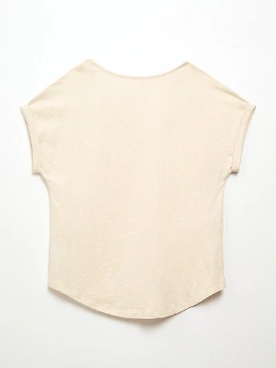 Petite Short Cuffed Sleeve Slub Boat Neck Tee in Stone Mix