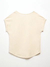 Petite Short Cuffed Sleeve Slub Boat Neck Tee in Stone Mix