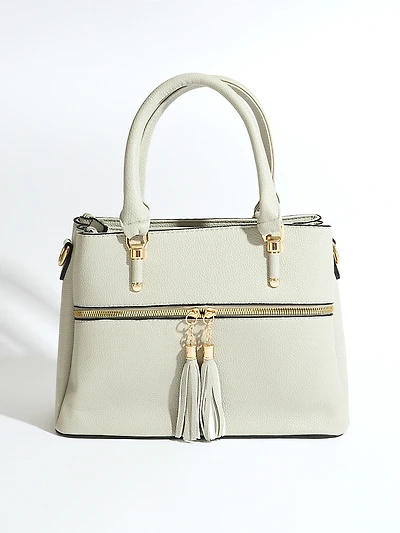 Tassle Front Handbag in Stone