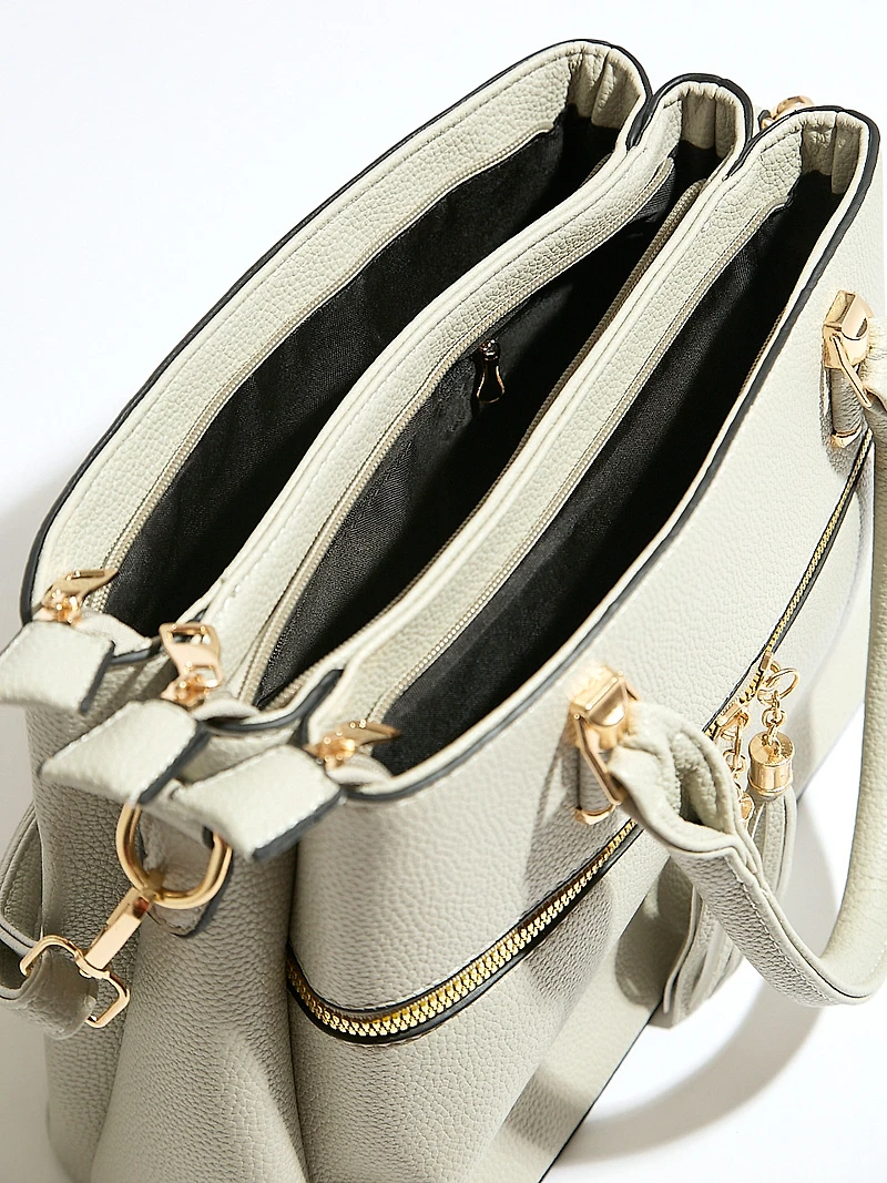 Tassle Front Handbag in Stone