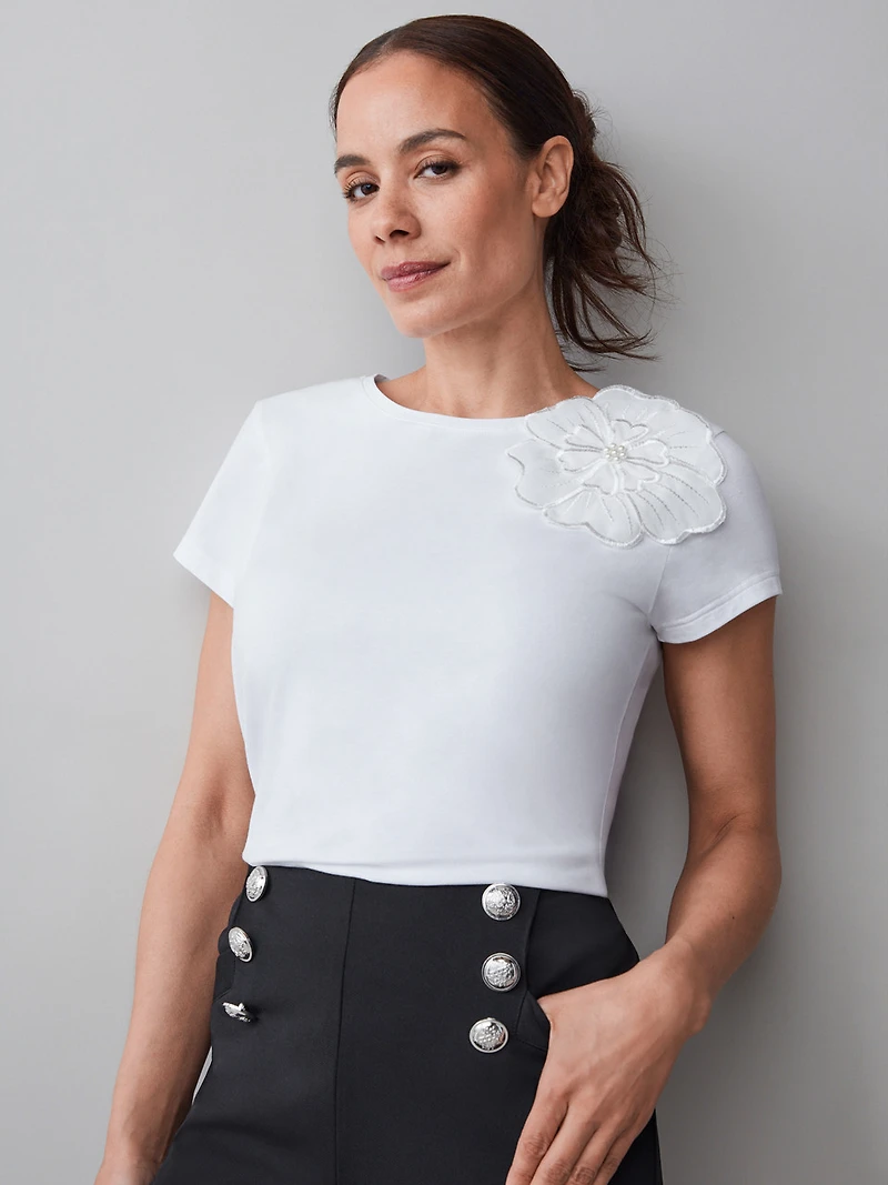 White Short Sleeve Floral Applique Tee