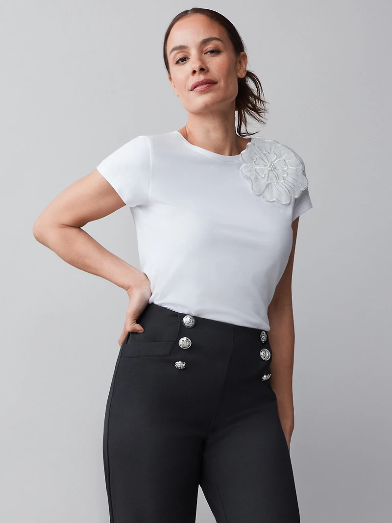 White Short Sleeve Floral Applique Tee