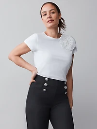 White Short Sleeve Floral Applique Tee
