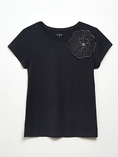 Navy Short Sleeve Floral Applique Tee