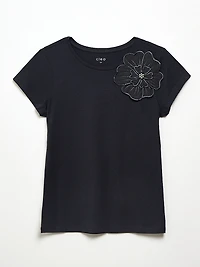 Navy Short Sleeve Floral Applique Tee