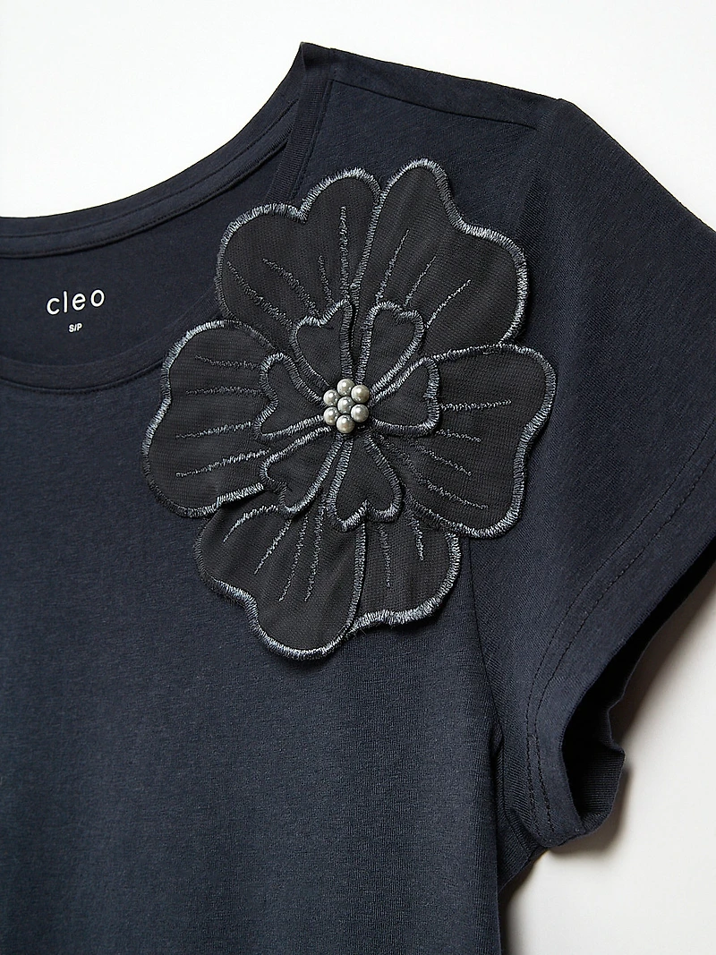 Navy Short Sleeve Floral Applique Tee
