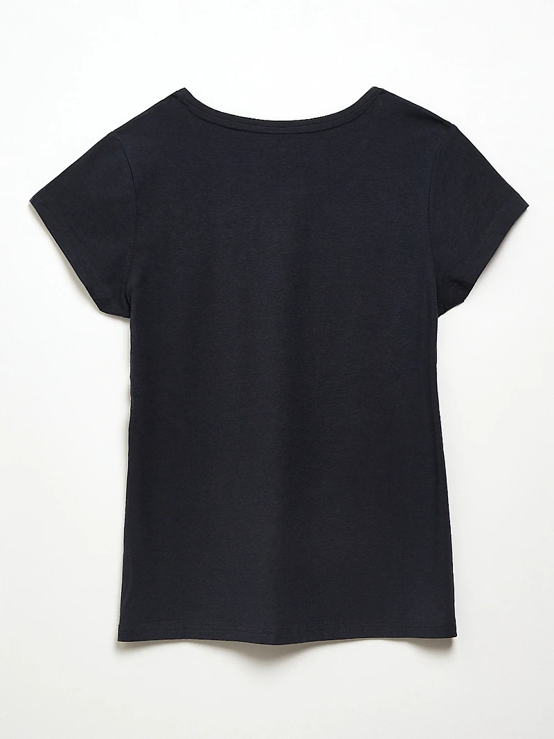 Navy Short Sleeve Floral Applique Tee