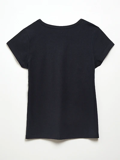Navy Short Sleeve Floral Applique Tee