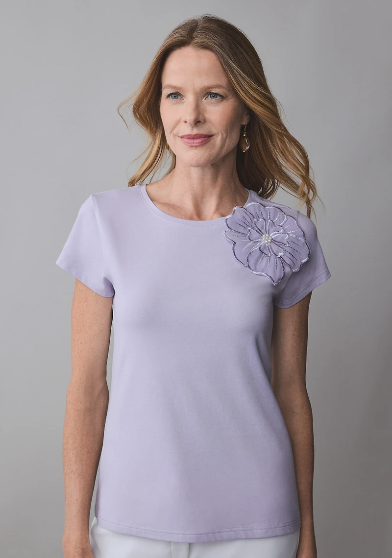 Lavender Short Sleeve Floral Applique Tee