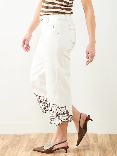Haylie Wide Embroidered Crop Denim Jean in Ecru