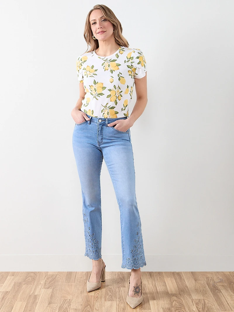 All Over Lemon Print Short Sleeve Tulip Scoop Neck Tee