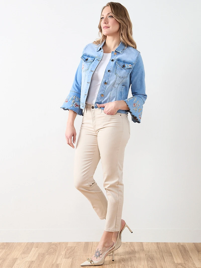 Embroidered Bell Sleeve Denim Jacket in Light Wash