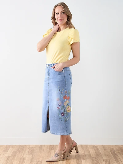 Embroidered Floral Denim Skirt in Light Wash