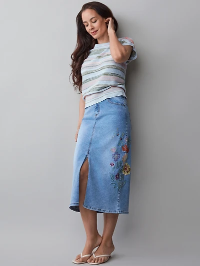 Embroidered Floral Denim Skirt in Light Wash