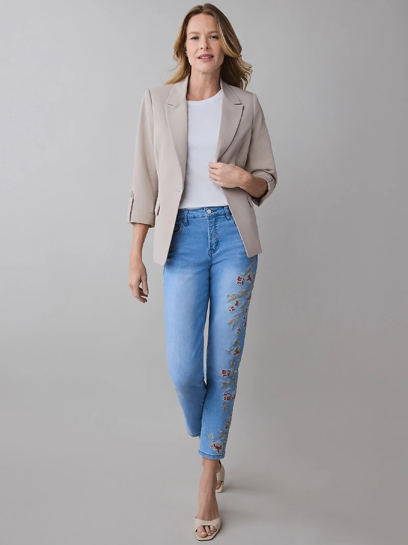 Lilly Embroidered Floral Ankle Denim Jean in Light Wash