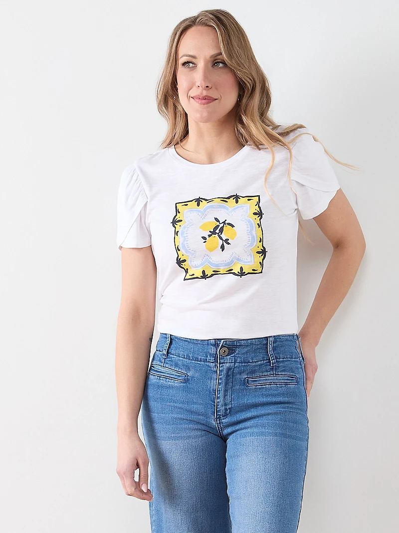 White Print Short Sleeve Tulip Scoop Neck Tee