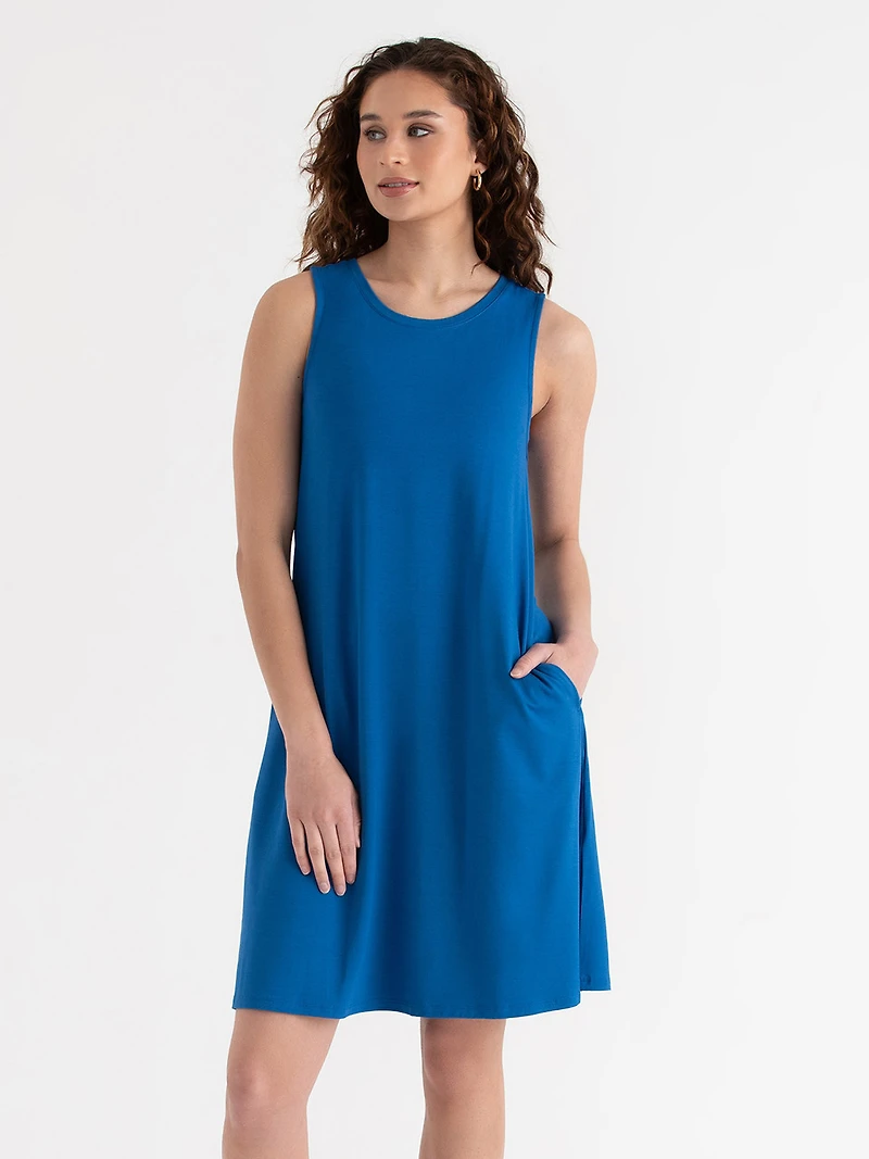 Sleeveless A-Line Dress with Pockets Classic Blue